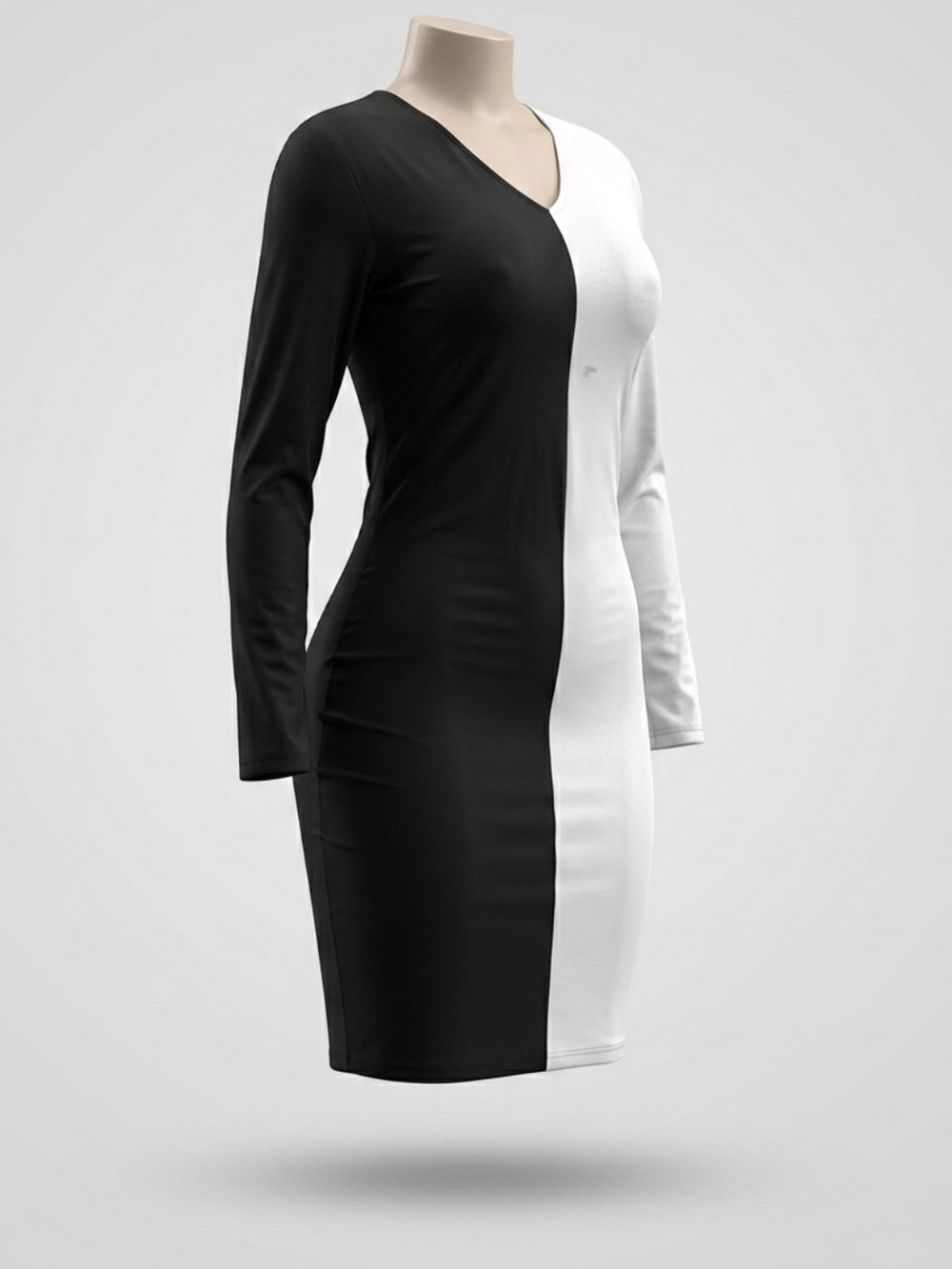 Colorblock Black and White Long-Sleeve Bodycon Dress